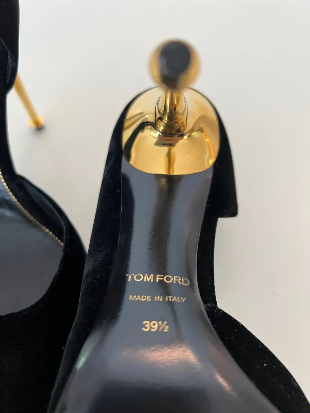 Tom Ford Black Velvet Pointed-Toe Pumps with Gold Stiletto Heel